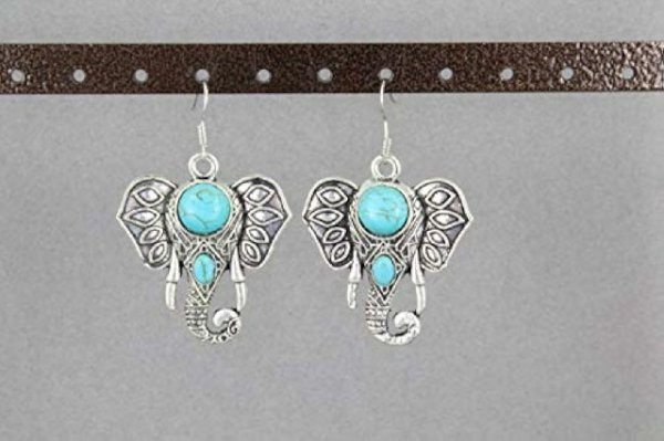 Antiqued Silver Elephant Earrings Trunk Ears Pendant 2 1/8" Long Turquoise Bead